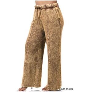Zenana Women's Plus Mineral Acid Wash Stretchy Wide Leg Pants Rust Brown Size 3X